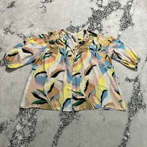 Rose + Olive Top 3X Plus Pastel Abstract Leaf Print Blouse Button Front Boho